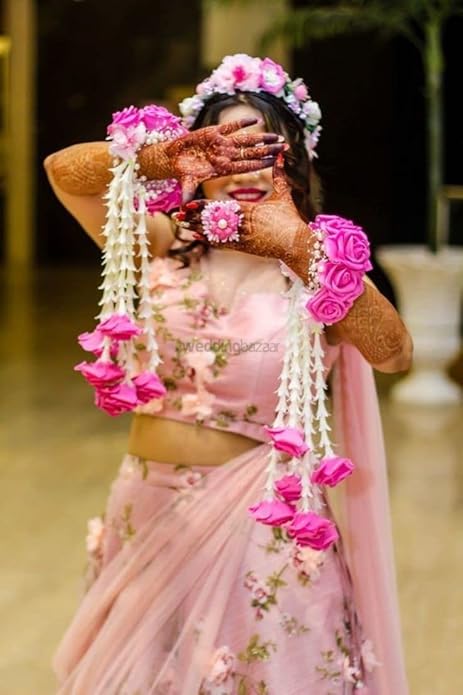 Premium Fower Jewellery Pink and white Flower Bracelets Set (kalire) with Crown And finger Rings(adjustable). Jewellery for Haldi, Baby Shower, Mehndi, Godbharai Set For Women And Girls. pair of 1