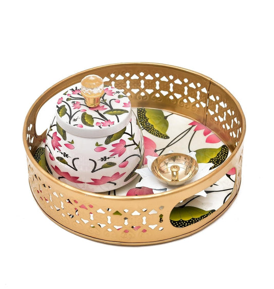 Metal Pichwai Tray with Round Jar & Diya, Type: Decorative Trays, 8 inch, Silver