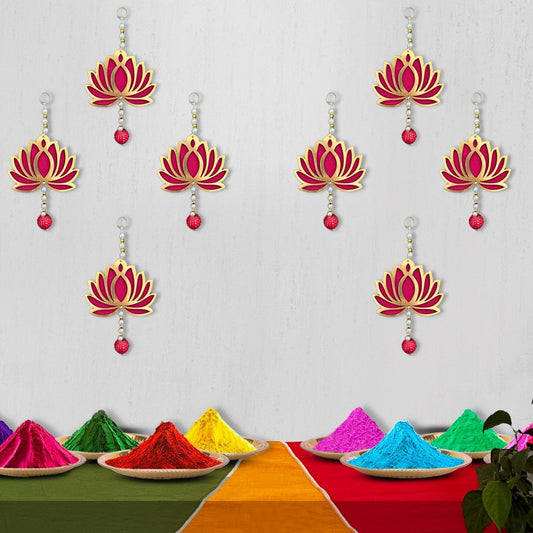 Handmade Lotus Hangings for Decoration- 6 Pcs, 8 inch, Pooja Room Decorations Items, Temple Decorations Items, Pink Lotus Latkan for Ganpati Decoration Setup for Home (MDF)