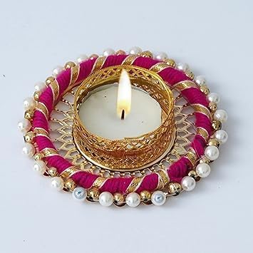 Prapti Handicrafts Handmade Tealight Candle Holders for Diwali Decoration,Home Decor Gifts Items/Diya for Home Office Pooja,Durga Puja Gift Sets (Pink Ring, Pack of 4 and 6)
