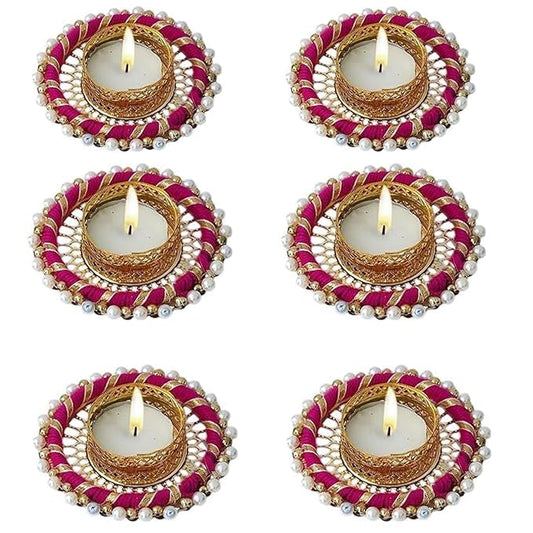 Prapti Handicrafts Handmade Tealight Candle Holders for Diwali Decoration,Home Decor Gifts Items/Diya for Home Office Pooja,Durga Puja Gift Sets (Pink Ring, Pack of 4 and 6)