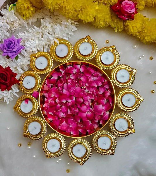 Wooden Pink Lotus TeaLight Candle Holder for Diwali Festival, Home Decor, Table Decoration, Gift Set of (Pink Yellow) 14 inch.