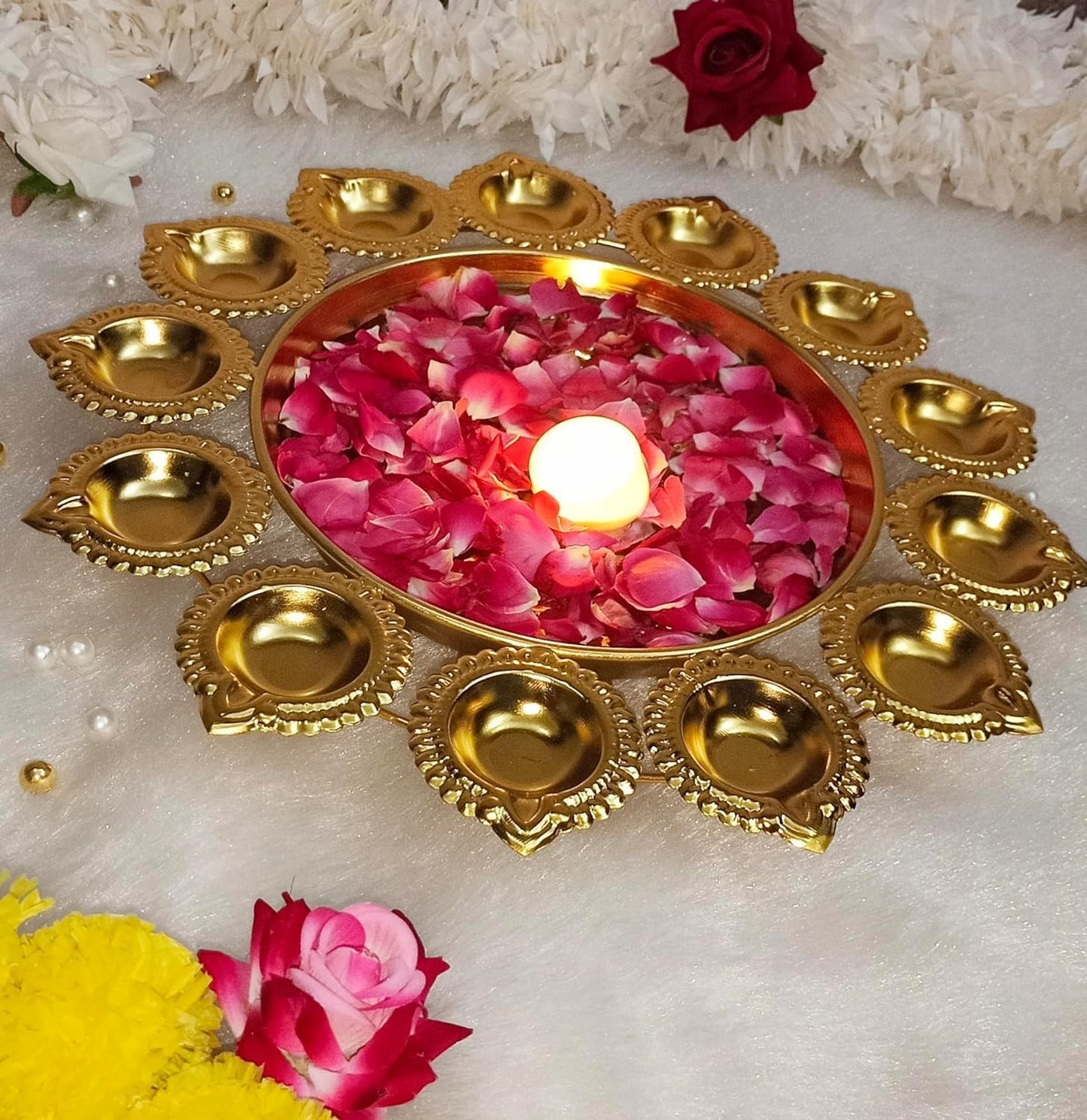 Wooden Pink Lotus TeaLight Candle Holder for Diwali Festival, Home Decor, Table Decoration, Gift Set of (Pink Yellow) 14 inch.