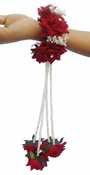 Premium Flower Jewellery (Kalire) Adjustable Set for Haldi, Baby Shower, Mehndi, Godbharai for Women and Girls (Red