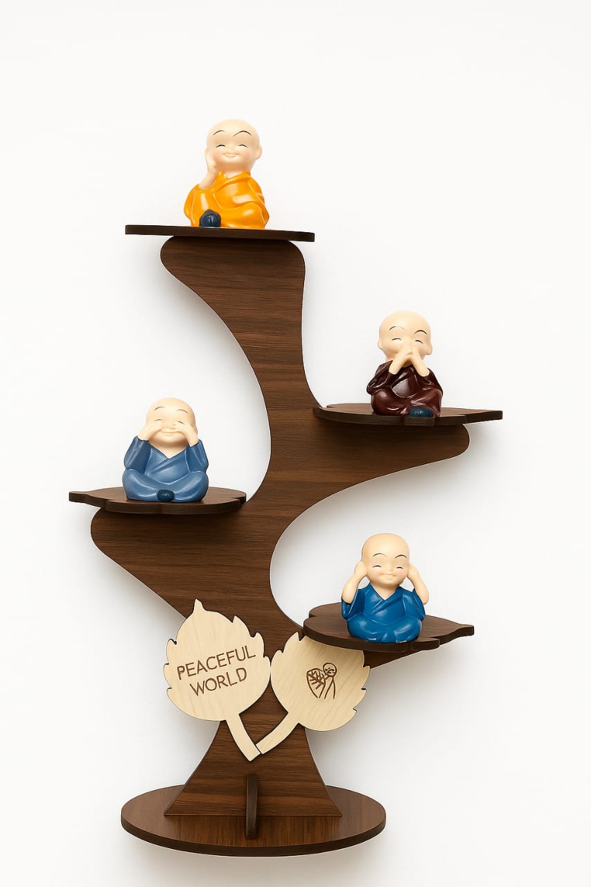 Set of 4 Buddha Monk Figurines with Wooden Stand for Home Office Living Room Decoration Buddha Monk Tree for Bedroom Balcony Table Top Decoration Meditation Spaces and Gift Items 50% off