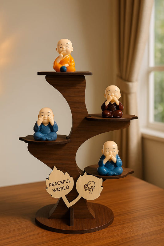 Set of 4 Buddha Monk Figurines with Wooden Stand for Home Office Living Room Decoration Buddha Monk Tree for Bedroom Balcony Table Top Decoration Meditation Spaces and Gift Items 50% off