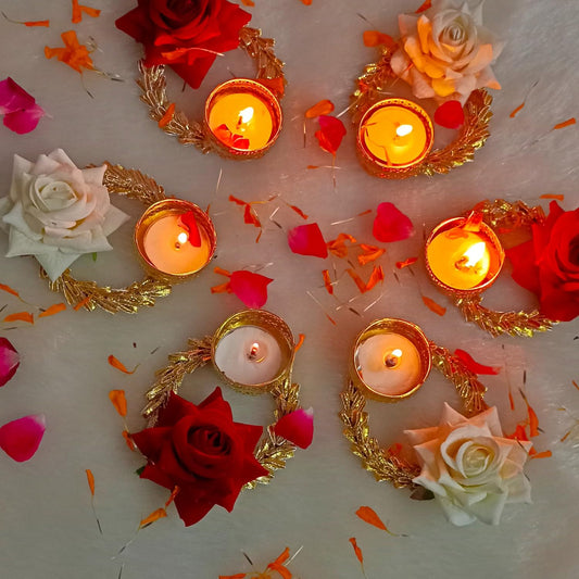 Handmade Yellow Lotus Set of 5 Tealight Candle Holder|Tealight Holder with Diya and Tea Lights Diwali Decor |Candles for Decoration| Diwali Gifting Items (Candle Free) (Designs-1)