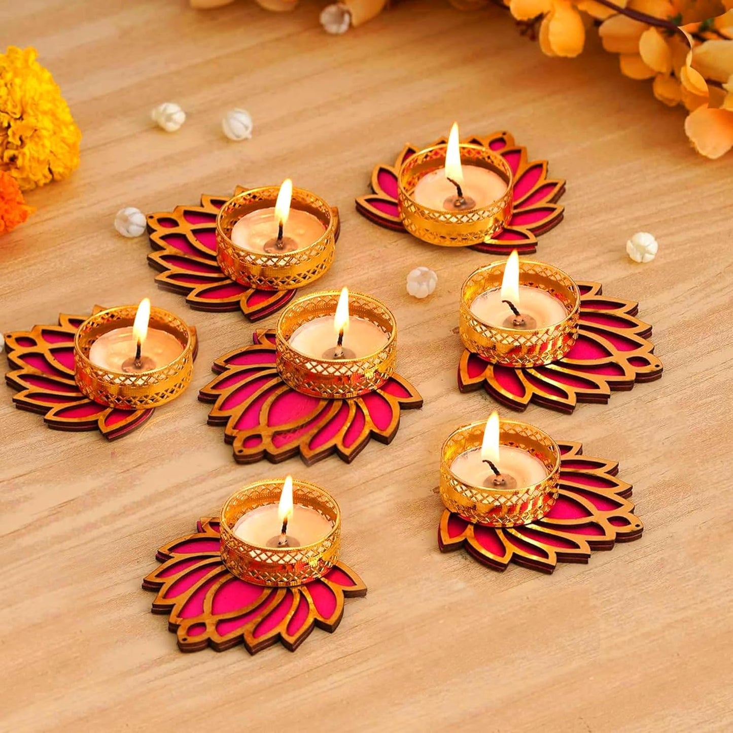 Wooden Pink Lotus TeaLight Candle Holder for Diwali Festival, Home Decor, Table Decoration, Gift Set of 5 Pice (Pink Yellow)