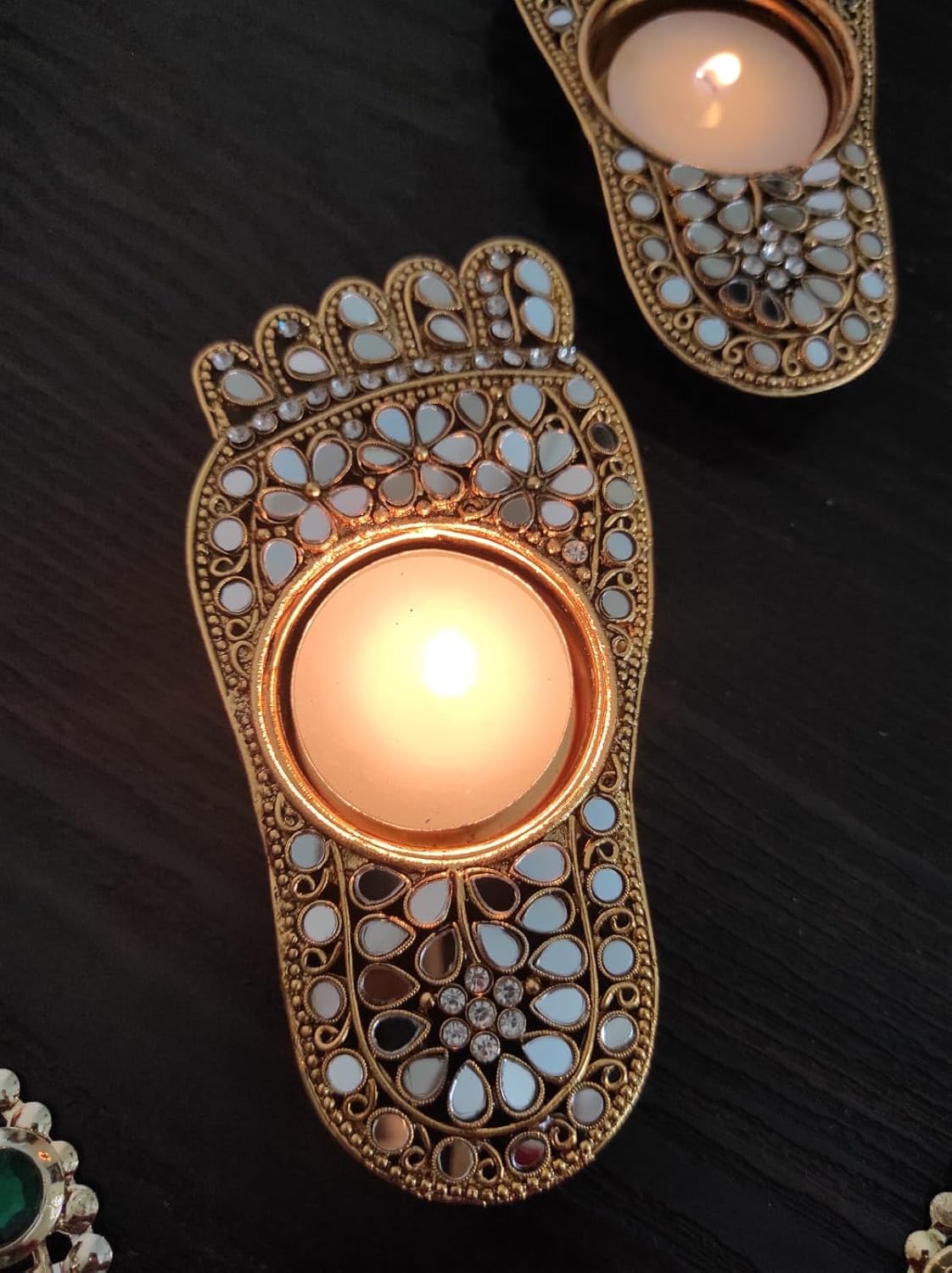 Craft & Glow collections Lakshmi paduka with Candle Holder in Lakshmi paduka Shape, Brass with Golden kundan Work 13 * 7 cm