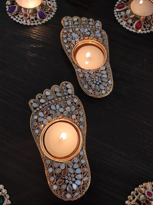 Craft & Glow collections Lakshmi paduka with Candle Holder in Lakshmi paduka Shape, Brass with Golden kundan Work 13 * 7 cm