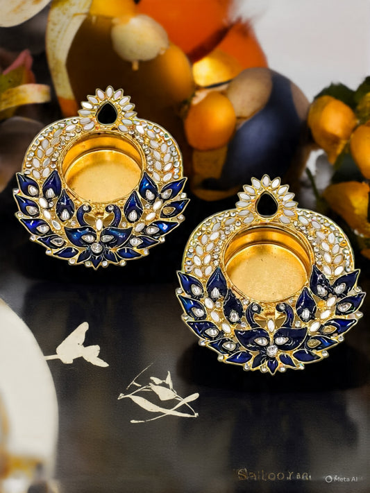 Divyakosh Peacock Diamond Studded Tea Light Holder,Minakari Work, Set of 4 Pcs with Wax Candle, Deepawali Decoration, Diya for Home Decor| Designer Candle Holders | Diwali Gift, Corporate Gift |