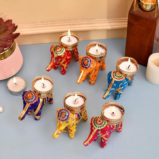 Elephant Tealight Diya/Candle Holder Home Decoration Item for Diwali (Multicolor, 3.5 Inch) - Pack of 6