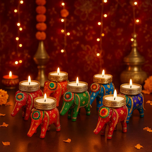 Elephant Tealight Diya/Candle Holder Home Decoration Item for Diwali (Multicolor, 3.5 Inch) - Pack of 6
