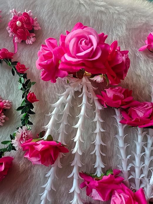 Premium Fower Jewellery Pink and white Flower Bracelets Set (kalire) with Crown And finger Rings(adjustable). Jewellery for Haldi, Baby Shower, Mehndi, Godbharai Set For Women And Girls. pair of 1