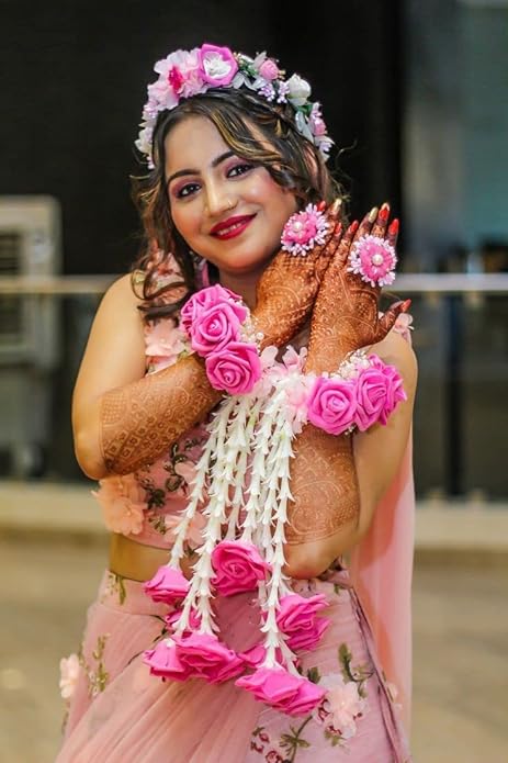 Premium Fower Jewellery Pink and white Flower Bracelets Set (kalire) with Crown And finger Rings(adjustable). Jewellery for Haldi, Baby Shower, Mehndi, Godbharai Set For Women And Girls. pair of 1