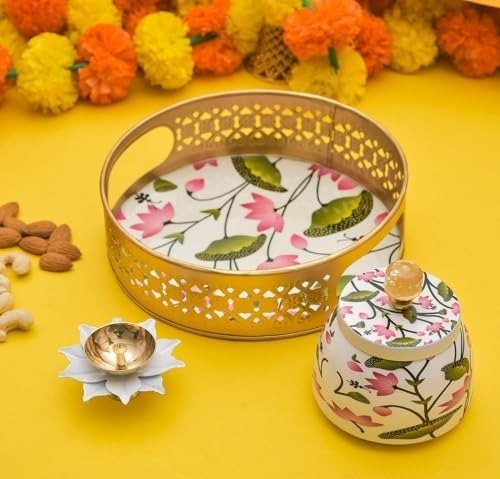 Metal Pichwai Tray with Round Jar & Diya, Type: Decorative Trays, 8 inch, Silver