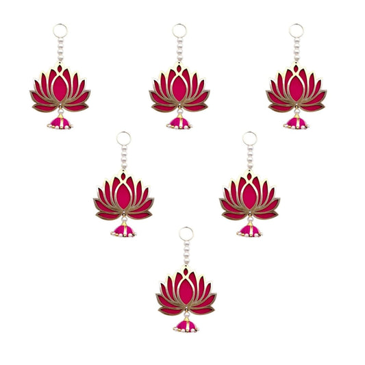 Handmade Lotus Hangings for Decoration- 6 Pcs, 8 inch, Pooja Room Decorations Items, Temple Decorations Items, Pink Lotus Latkan for Ganpati Decoration Setup for Home (MDF)