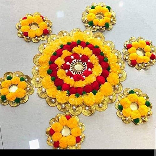 Urvi Creations Set of 7 Pcs Designer Pom Pom Gotta Flower Rangoli Set Tea Light Holder Candles for Diwali Home Decor - Multi Color