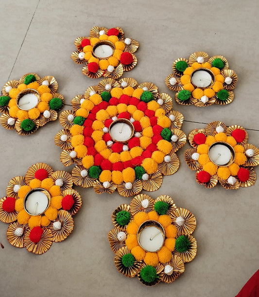 Urvi Creations Set of 7 Pcs Designer Pom Pom Gotta Flower Rangoli Set Tea Light Holder Candles for Diwali Home Decor - Multi Color