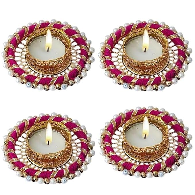 Prapti Handicrafts Handmade Tealight Candle Holders for Diwali Decoration,Home Decor Gifts Items/Diya for Home Office Pooja,Durga Puja Gift Sets (Pink Ring, Pack of 4 and 6)