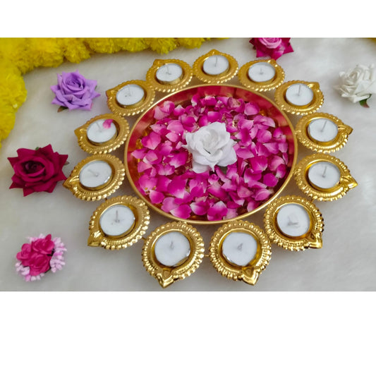 Wooden Pink Lotus TeaLight Candle Holder for Diwali Festival, Home Decor, Table Decoration, Gift Set of (Pink Yellow) 14 inch.