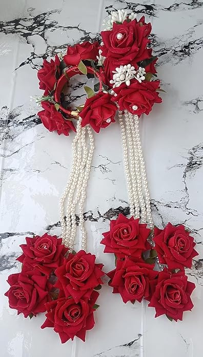 Premium Flower Jewellery (Kalire) Adjustable Set for Haldi, Baby Shower, Mehndi, Godbharai for Women and Girls (Red