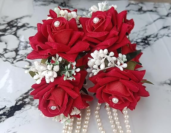 Premium Flower Jewellery (Kalire) Adjustable Set for Haldi, Baby Shower, Mehndi, Godbharai for Women and Girls (Red