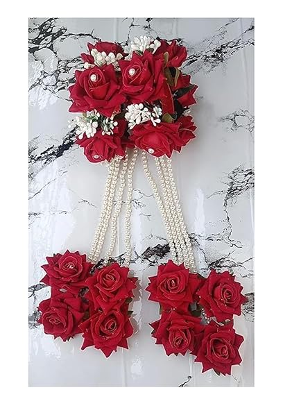 Premium Flower Jewellery (Kalire) Adjustable Set for Haldi, Baby Shower, Mehndi, Godbharai for Women and Girls (Red