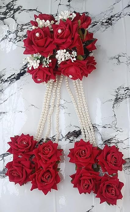Premium Flower Jewellery (Kalire) Adjustable Set for Haldi, Baby Shower, Mehndi, Godbharai for Women and Girls (Red