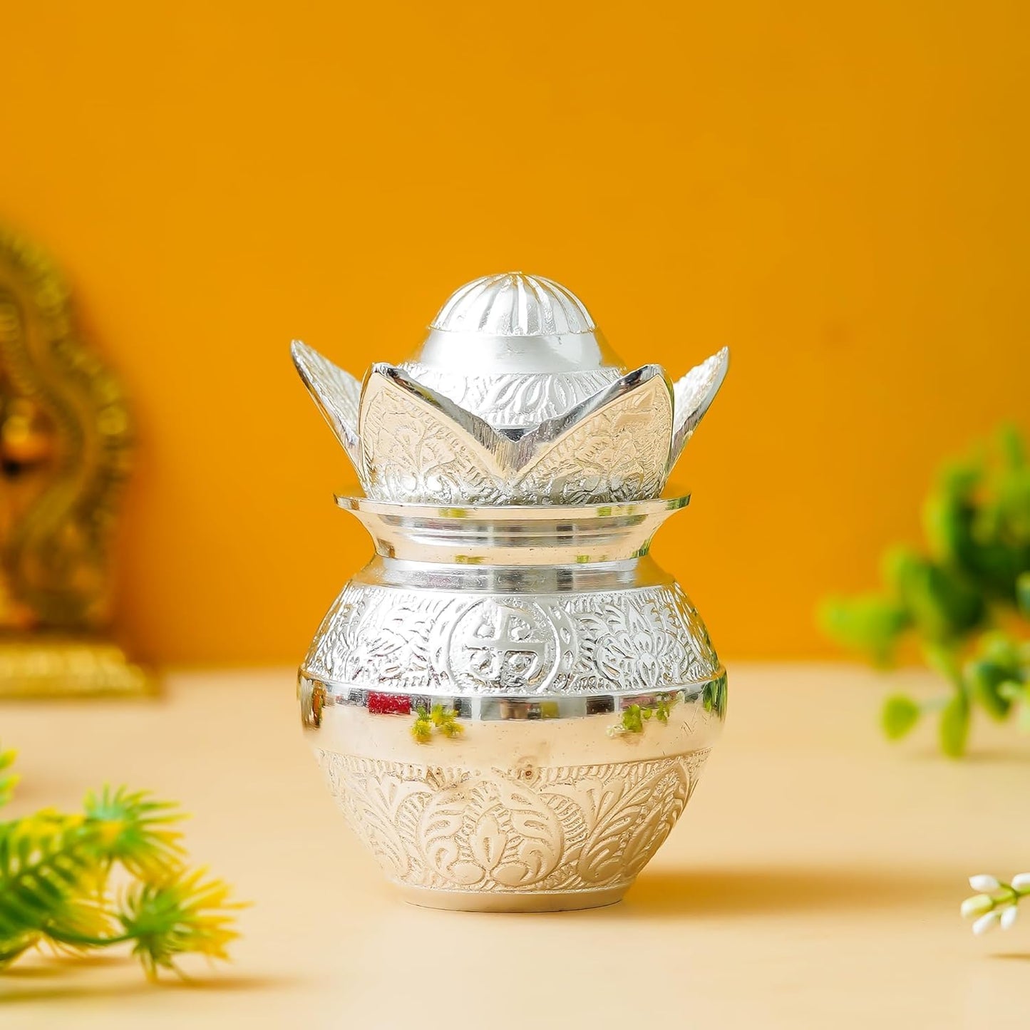 Webelkart Antique Sliver Plated Pooja Kalash with Coconut for Pooja Decor with Red Velvet Box/Swastik Kalash for Puja Temple/Diwali Gift Item/mangal Kalash (3.14" inches)
