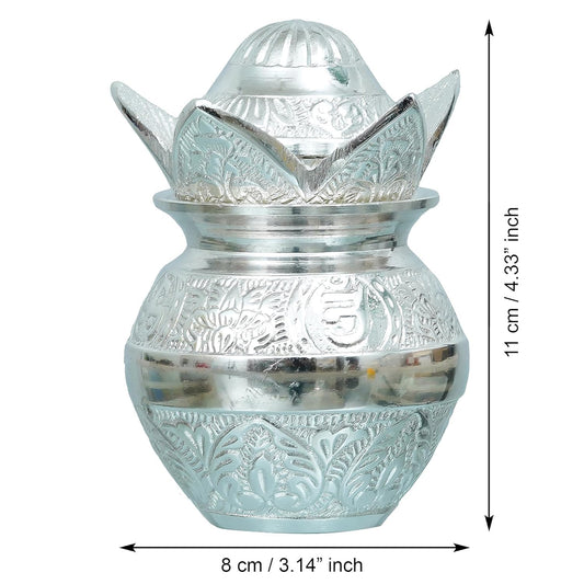 Webelkart Antique Sliver Plated Pooja Kalash with Coconut for Pooja Decor with Red Velvet Box/Swastik Kalash for Puja Temple/Diwali Gift Item/mangal Kalash (3.14" inches)