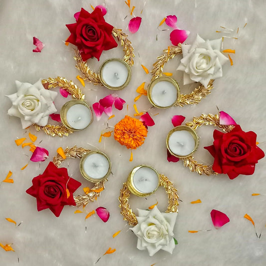 Handmade Yellow Lotus Set of 5 Tealight Candle Holder|Tealight Holder with Diya and Tea Lights Diwali Decor |Candles for Decoration| Diwali Gifting Items (Candle Free) (Designs-1)