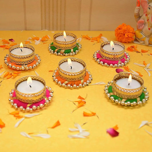 Quarya Decorative Diya Diyas Deepak Candles Tealight Holder Diwali Diyas for Home Decoration/ Gifting Corporate Gift Diwali Gift Multicolour Toran - (Pack of 6 with Tealight)