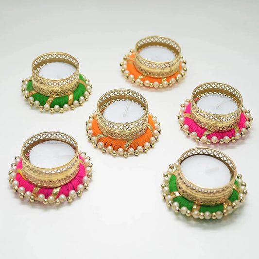 Quarya Decorative Diya Diyas Deepak Candles Tealight Holder Diwali Diyas for Home Decoration/ Gifting Corporate Gift Diwali Gift Multicolour Toran - (Pack of 6 with Tealight)