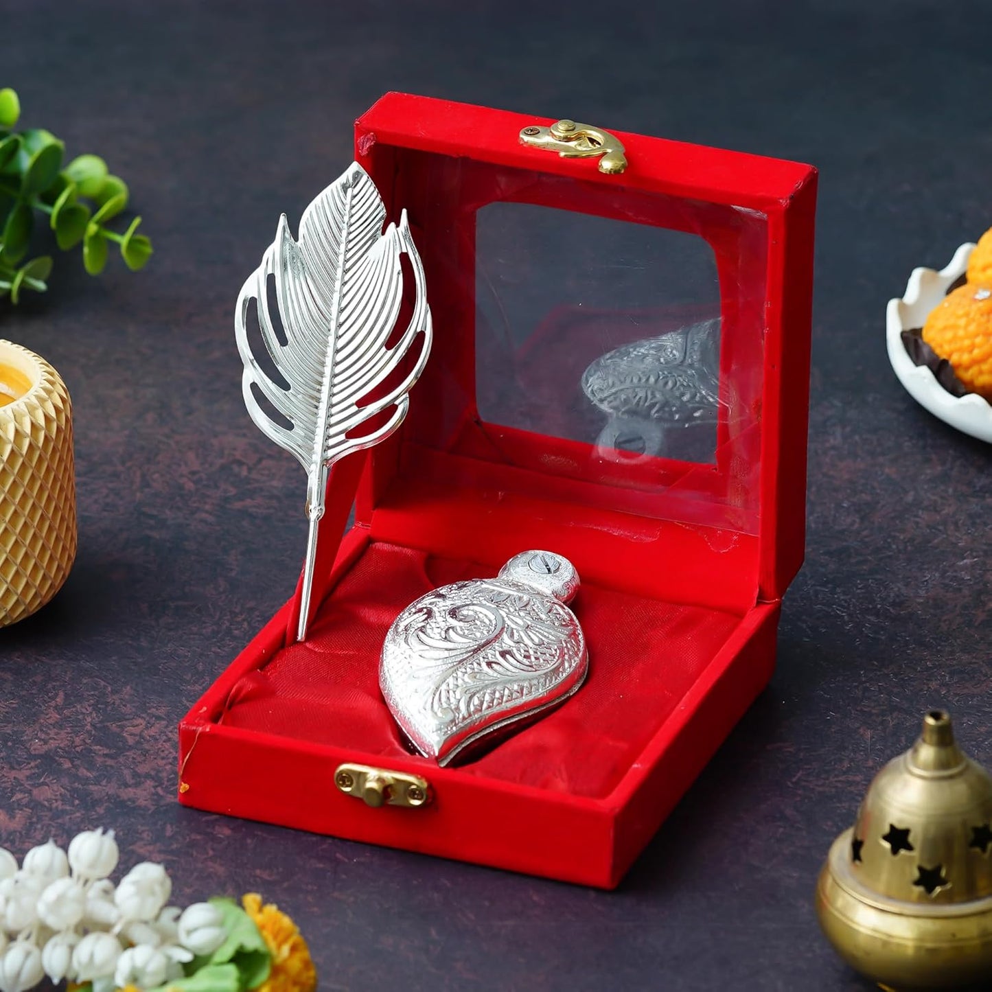 Webelkart Antique Silver Plated Kumkum Box With Leaf And Red Velvet Box | Tilak Kumkum Box for Puja Worship - Navratri and Diwali Return Gift,Sindoor Box, Roli Chawal Box (5" Inches) 70% off