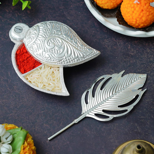 Webelkart Antique Silver Plated Kumkum Box With Leaf And Red Velvet Box | Tilak Kumkum Box for Puja Worship - Navratri and Diwali Return Gift,Sindoor Box, Roli Chawal Box (5" Inches) 70% off