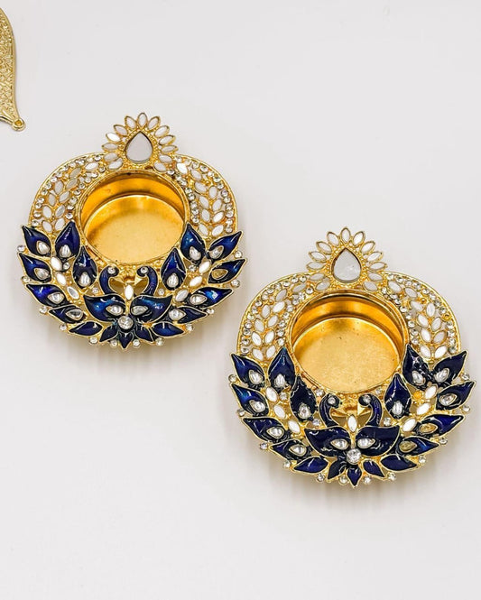 Divyakosh Peacock Diamond Studded Tea Light Holder,Minakari Work, Set of 4 Pcs with Wax Candle, Deepawali Decoration, Diya for Home Decor| Designer Candle Holders | Diwali Gift, Corporate Gift |