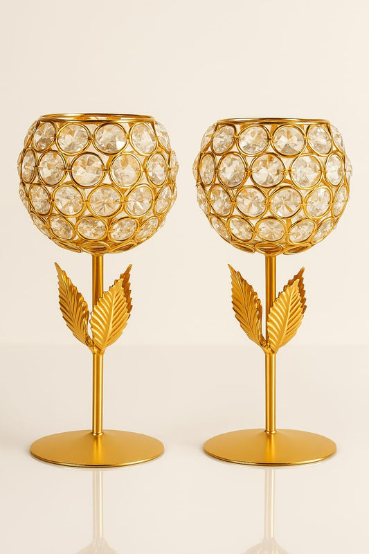 Karauli Collection Brass Crystal Rose Candle Diya Holder Set of 2 for Diwali Light for Diwali Decoration Tea Light Stand Votive- Decorative candle.