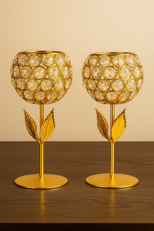 Karauli Collection Brass Crystal Rose Candle Diya Holder Set of 2 for Diwali Light for Diwali Decoration Tea Light Stand Votive- Decorative candle.