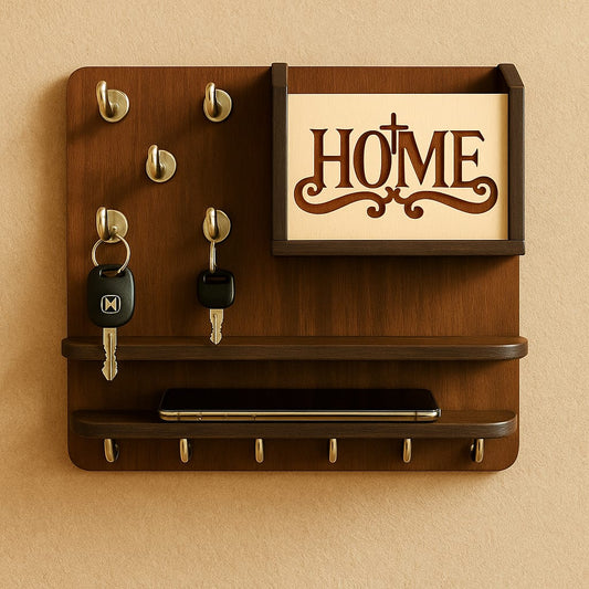 Wall-mounted key holder with a decorative "HOME" theme and hooks for keys.