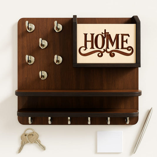 Wall-mounted key holder with a decorative "HOME" theme and hooks for keys.