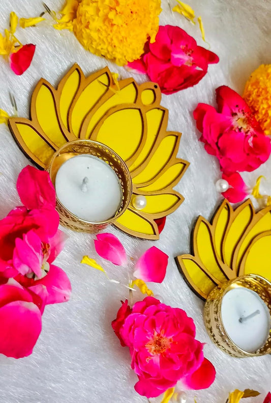 Wooden Pink Lotus TeaLight Candle Holder for Diwali Festival, Home Decor, Table Decoration, Gift Set of 5 Pice (Pink Yellow)