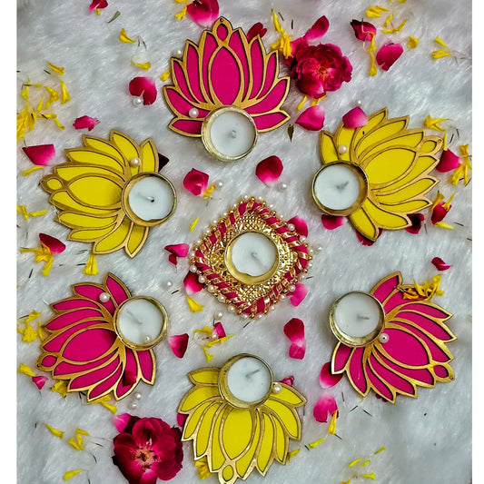 Wooden Pink Lotus TeaLight Candle Holder for Diwali Festival, Home Decor, Table Decoration, Gift Set of 5 Pice (Pink Yellow)