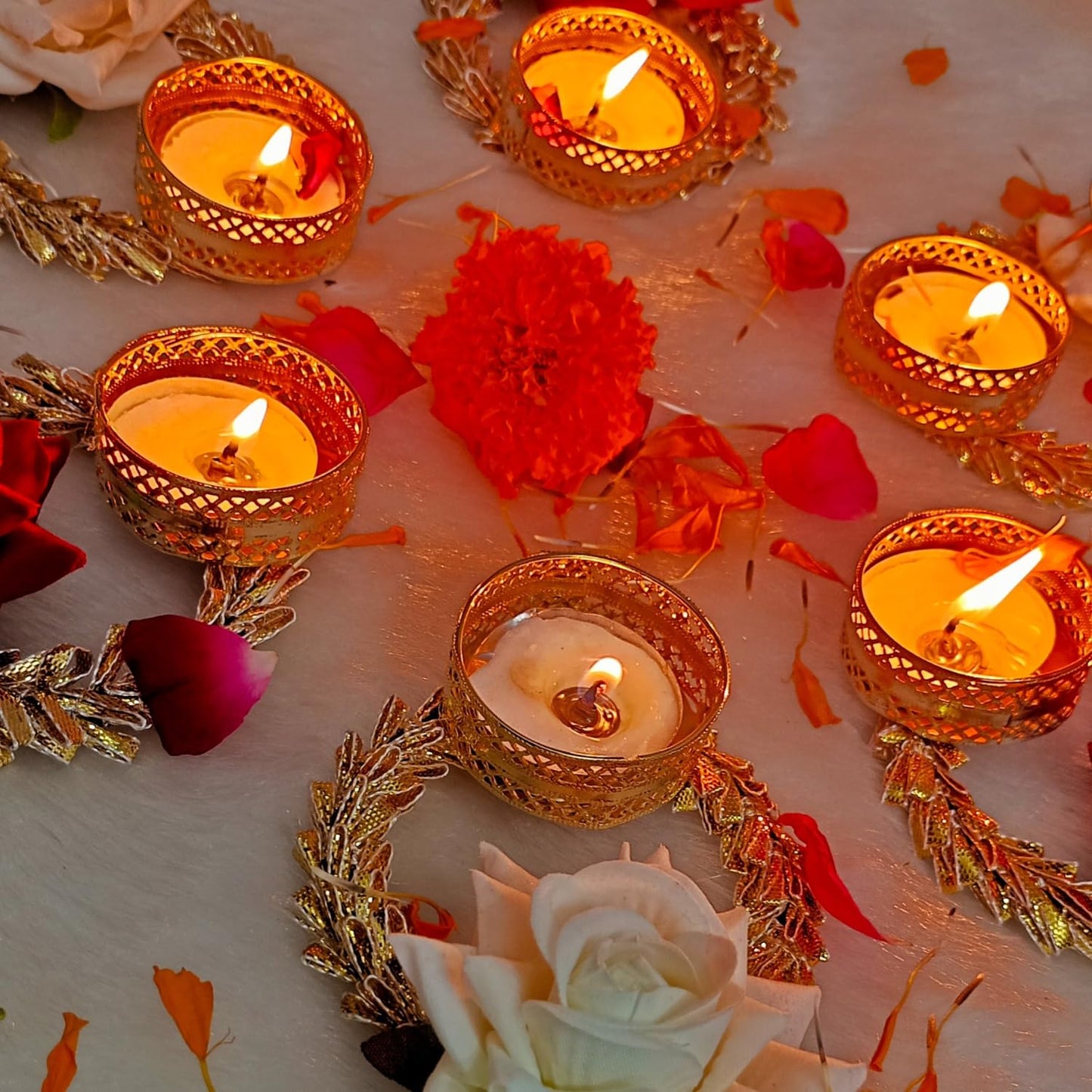 Handmade Yellow Lotus Set of 5 Tealight Candle Holder|Tealight Holder with Diya and Tea Lights Diwali Decor |Candles for Decoration| Diwali Gifting Items (Candle Free) (Designs-1)