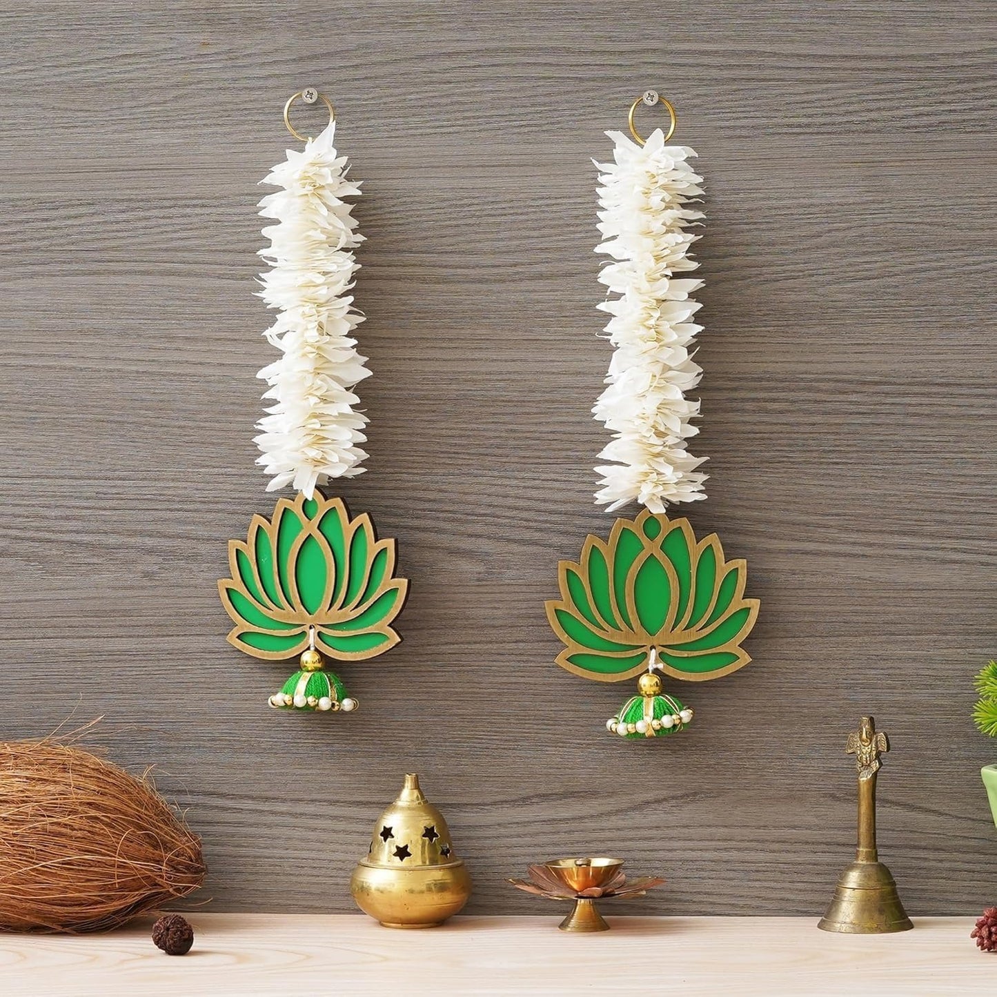 Premium Yellow Lotus with White Gajra Flowell Decor |Temple Decor Wall Hanging Home and Diwali Decorations