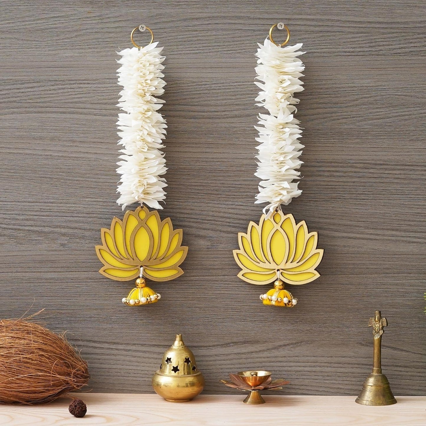 Premium Yellow Lotus with White Gajra Flowell Decor |Temple Decor Wall Hanging Home and Diwali Decorations