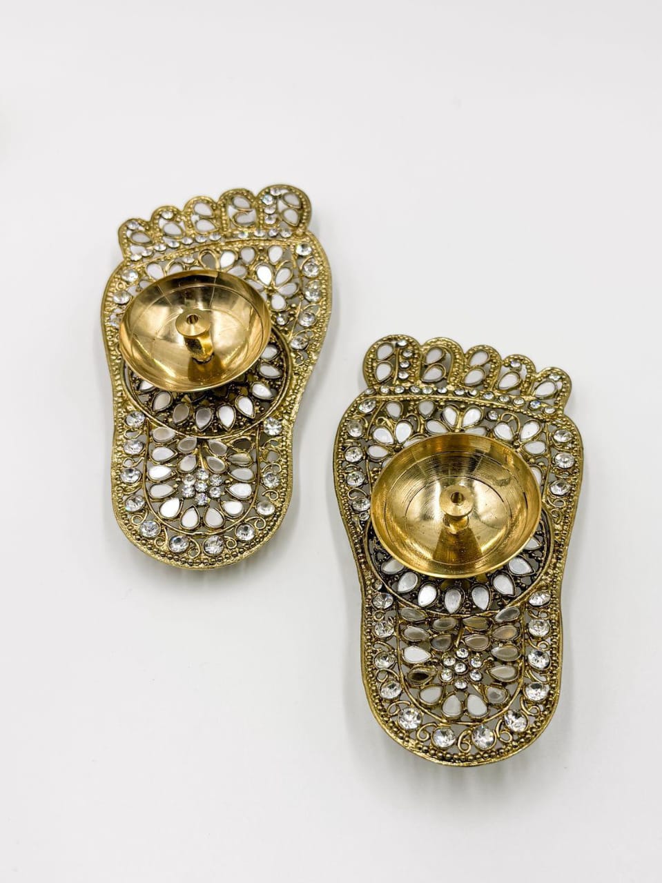 Craft & Glow collections Lakshmi paduka with Candle Holder in Lakshmi paduka Shape, Brass with Golden kundan Work 13 * 7 cm