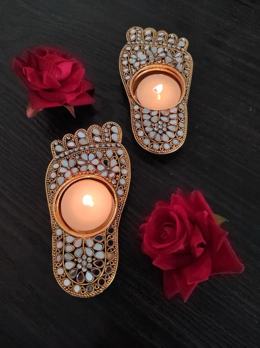 Craft & Glow collections Lakshmi paduka with Candle Holder in Lakshmi paduka Shape, Brass with Golden kundan Work 13 * 7 cm